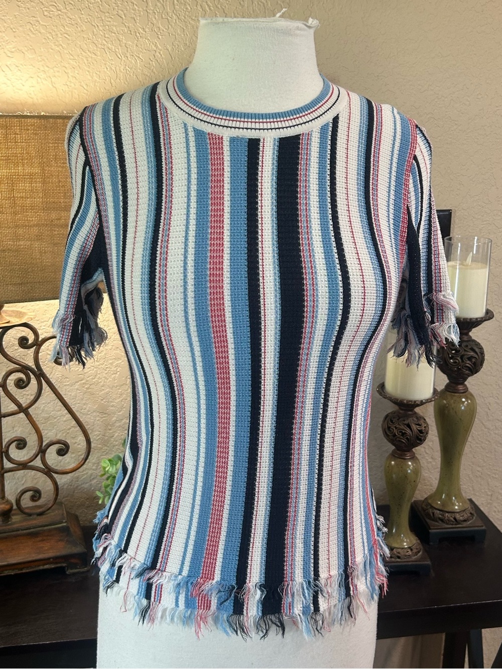 Luxury Designer Bora Aksu London striped knit top with fringe detail